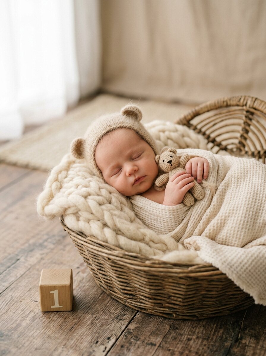 Vintage Alpaca Wool Wicker Basket & Teddy Bonnet