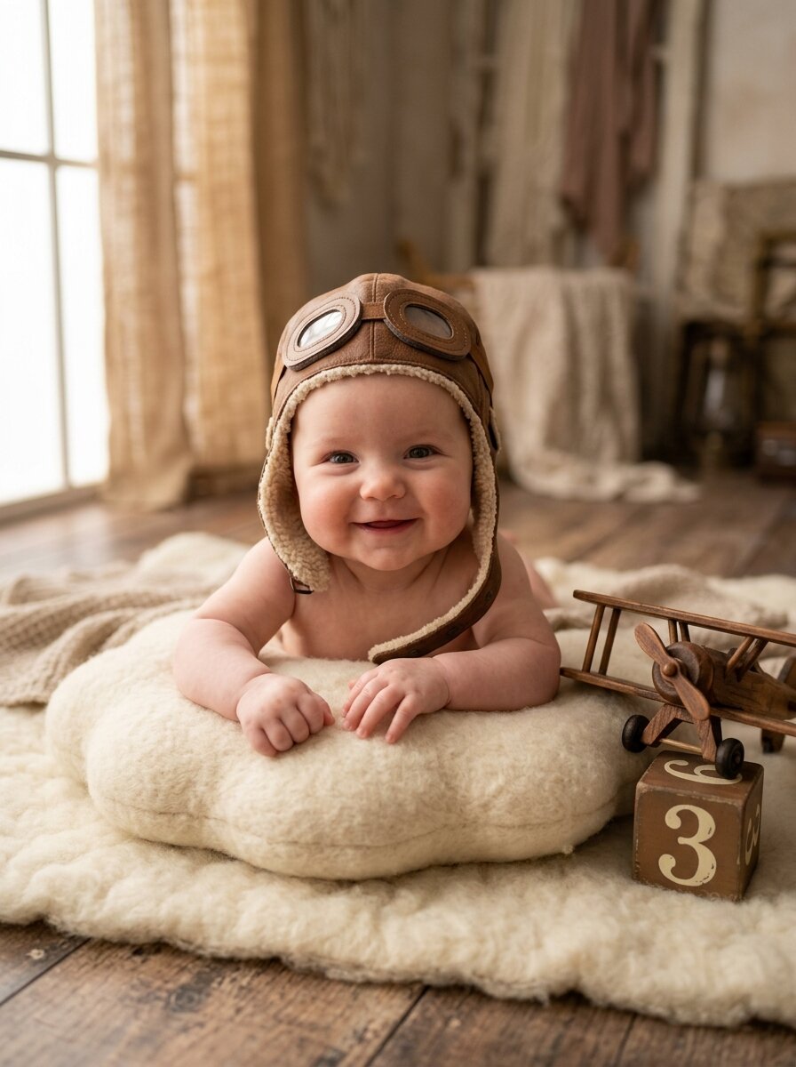 Vintage Aviator Pilot Leather Helmet & Wooden Biplane