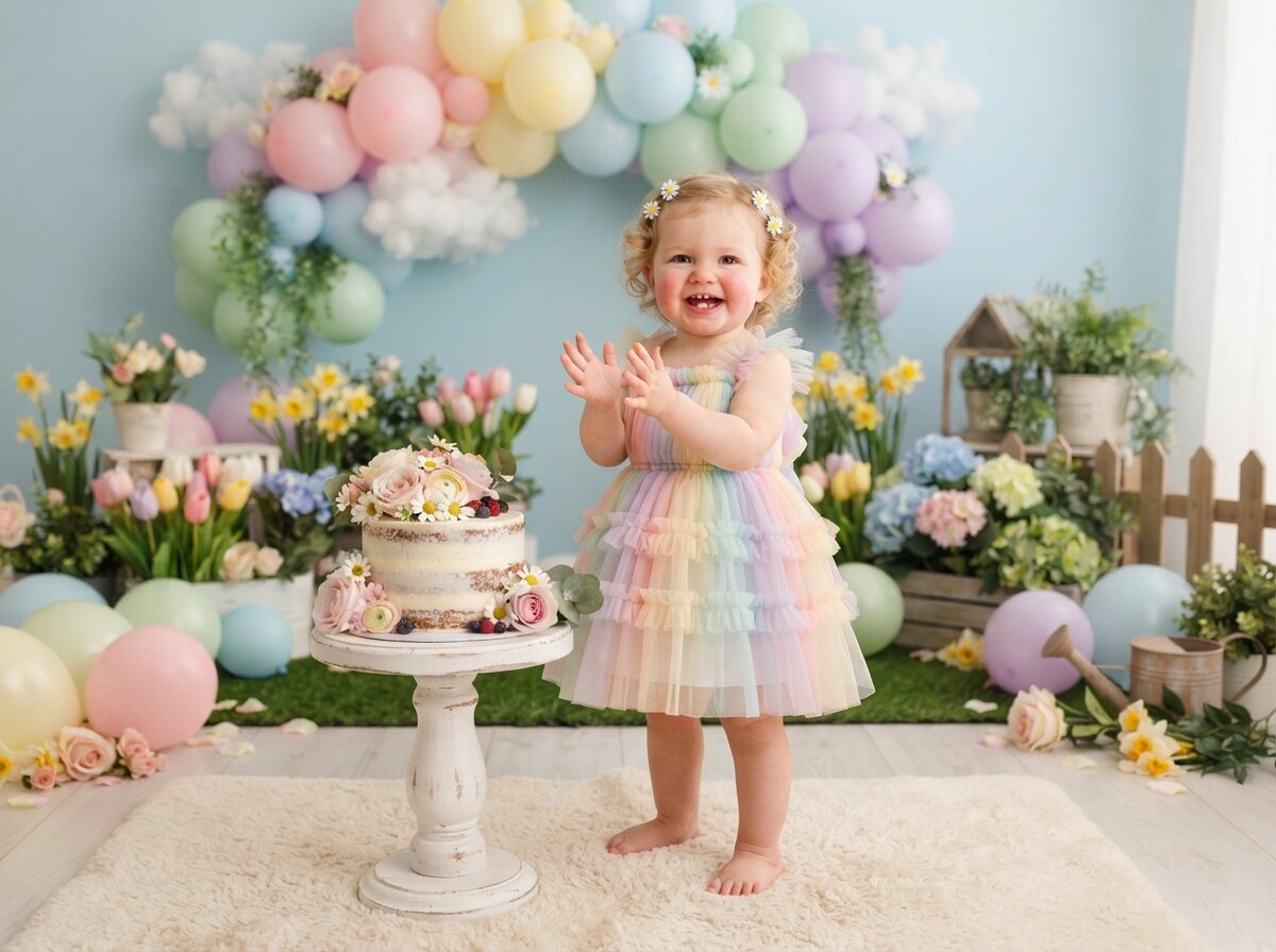 1st Birthday Cake Smash & Confetti Splash (Baby Girl) (Rainbow Garland)