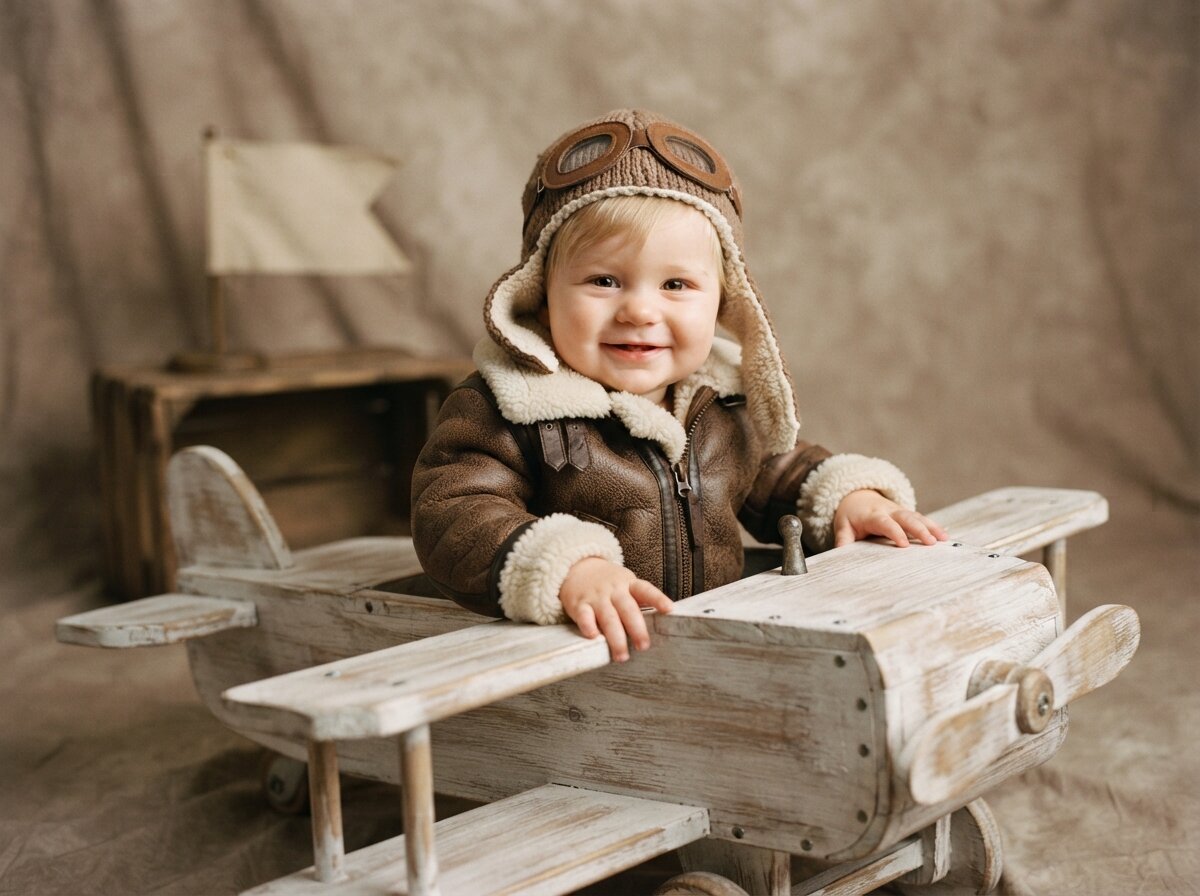 Vintage Aviator & Leather Pilot Cap Studio (Baby Boy)