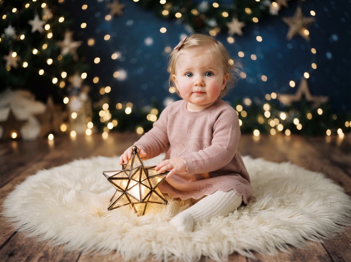 Festive Christmas Holiday Studio & Fairy Lights (Baby Girl) (Silk Minimalist)