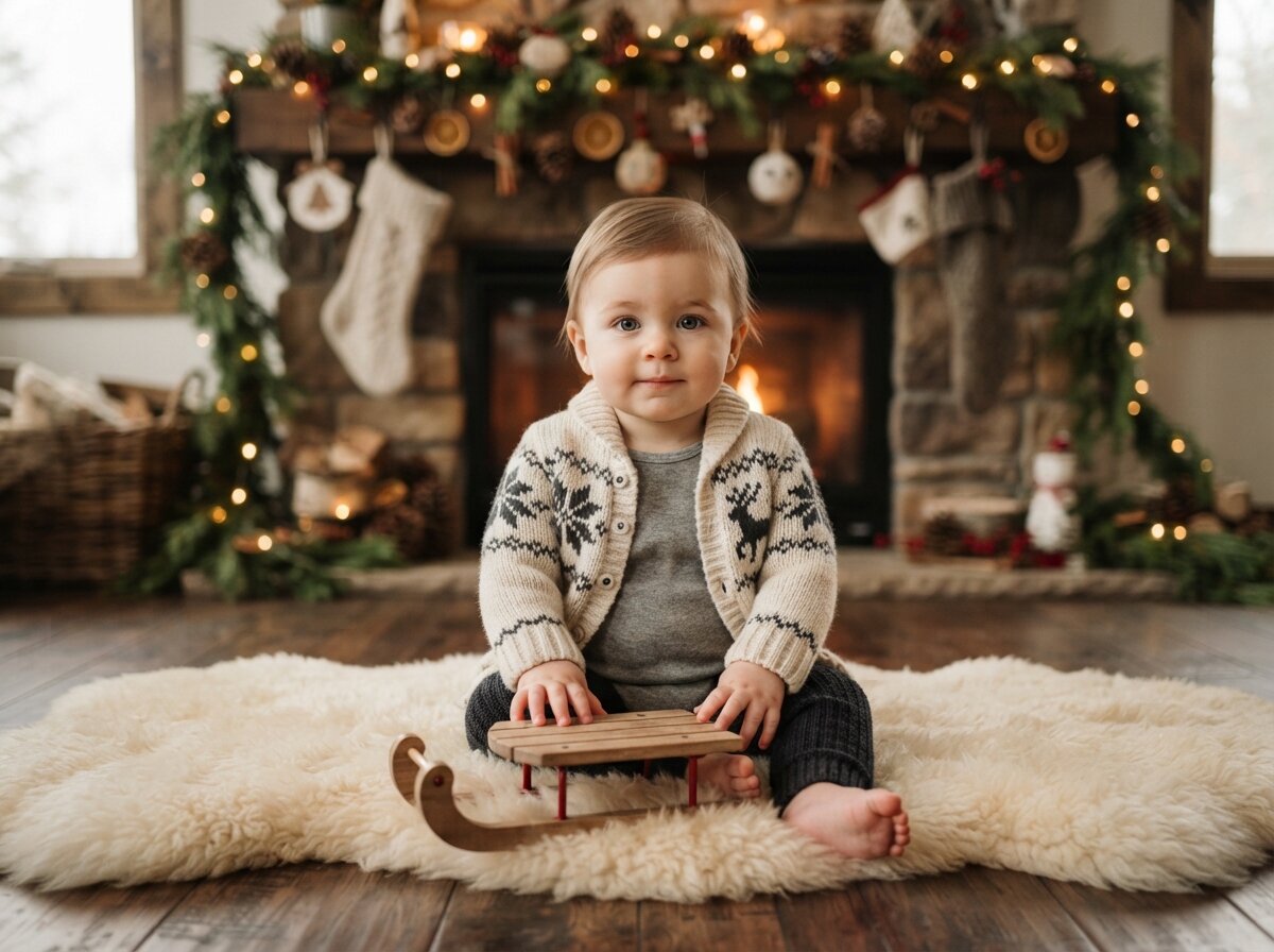 Alpine Winter Hearth & Miniature Wooden Sled (Baby Boy)