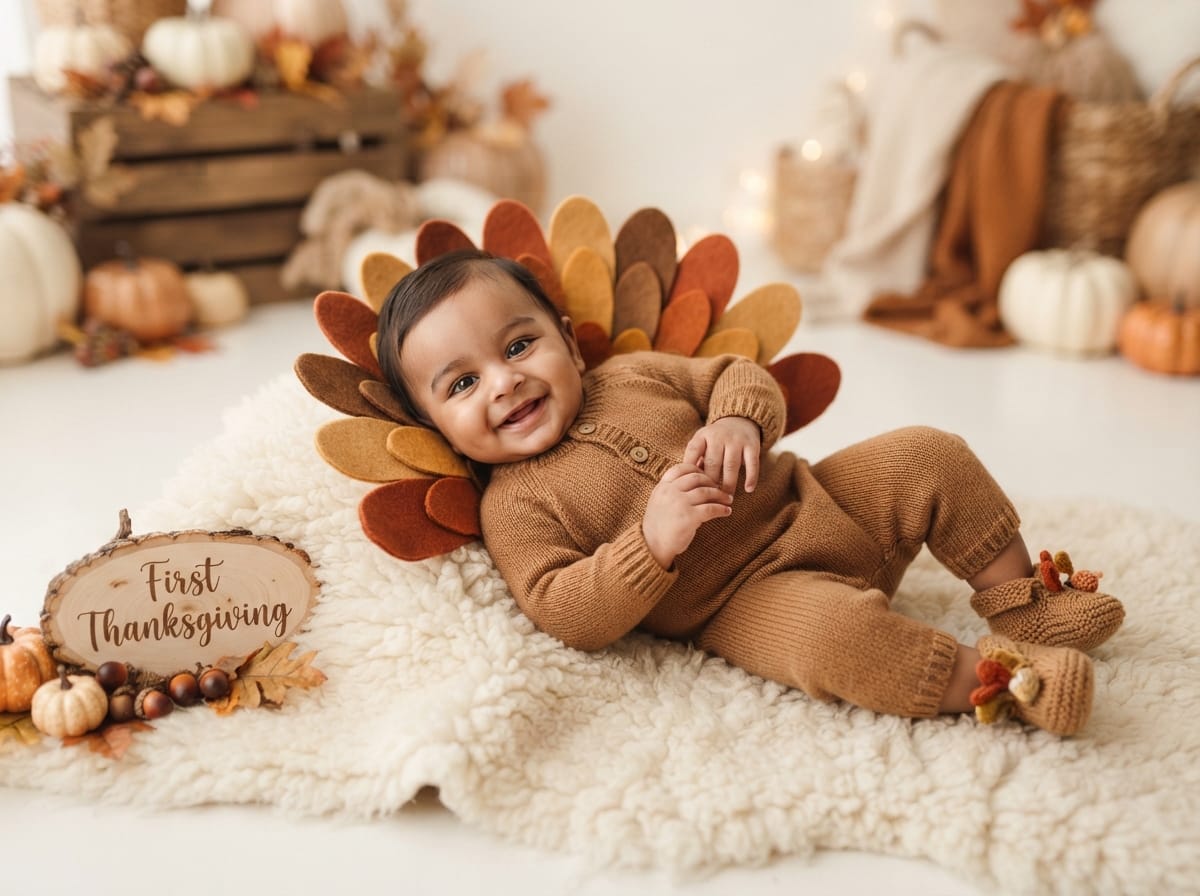 First Thanksgiving Felt Turkey Feathers & Sherpa Rug