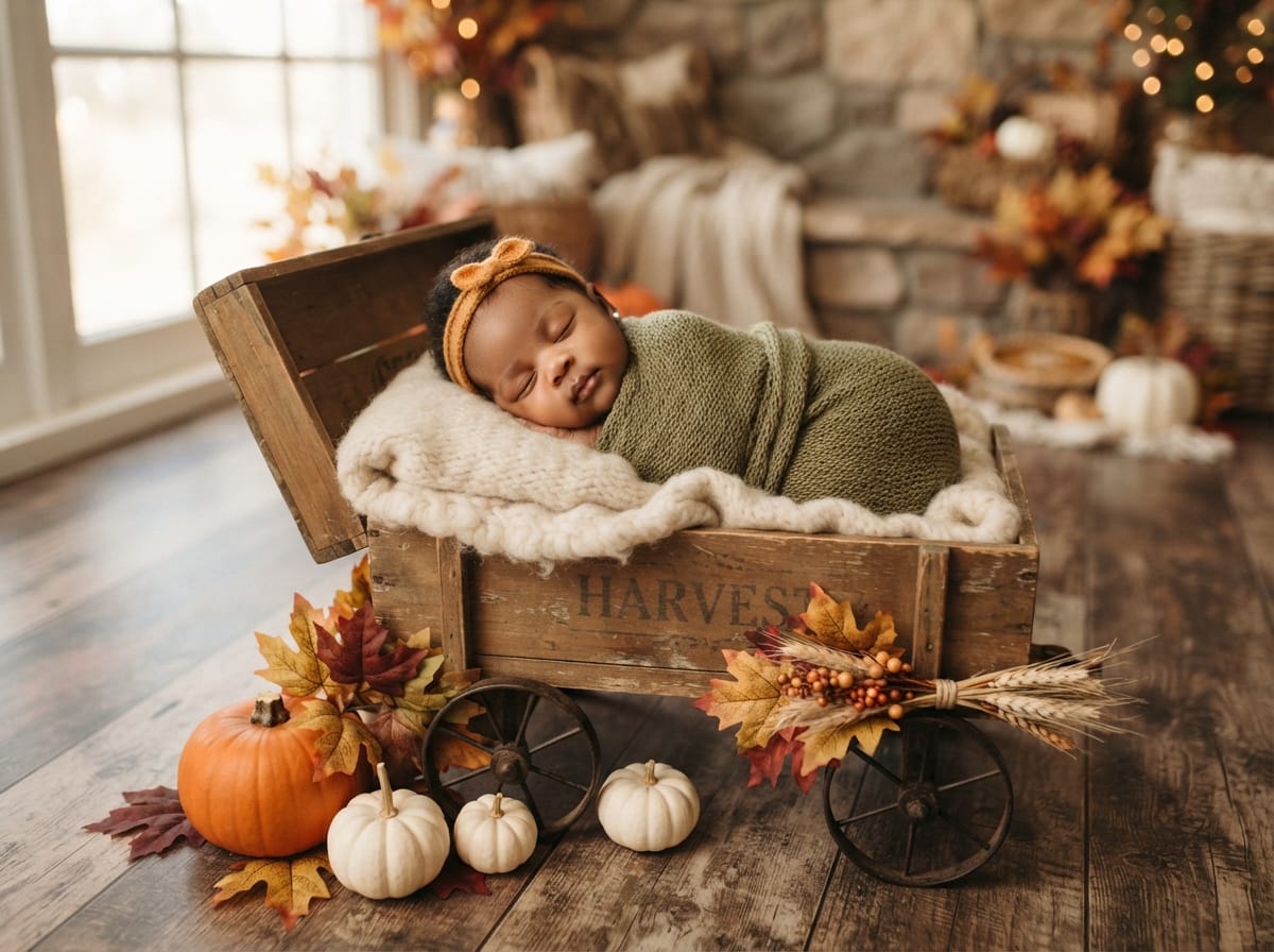 Rustic Harvest Crate Wagon & Golden Maple Leaves