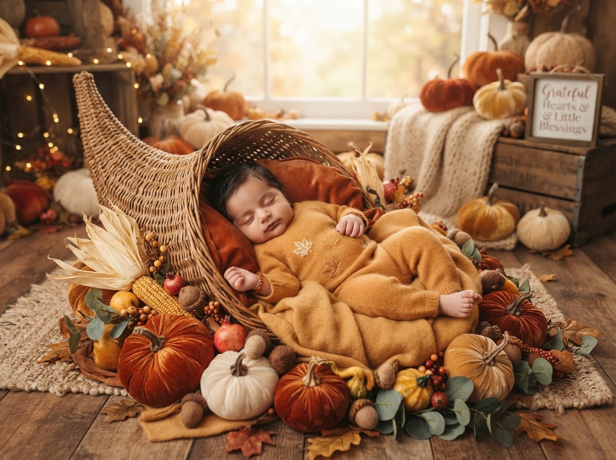 Wicker Cornucopia & Velvet Pumpkin Harvest